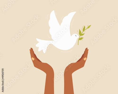 Black hand with dove of peace holding an olive branch. International Day of peace. Vector illustration cartoon flat style.
