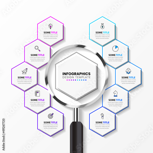Infographic template with icons and 10 options or steps. Hexagons