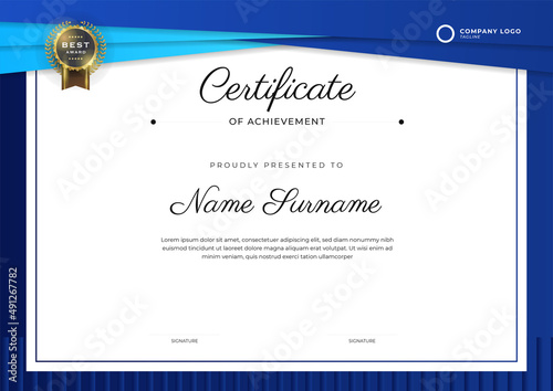 Blue certificate of achievement border template with luxury badge and modern line pattern. For award, business, and education needs