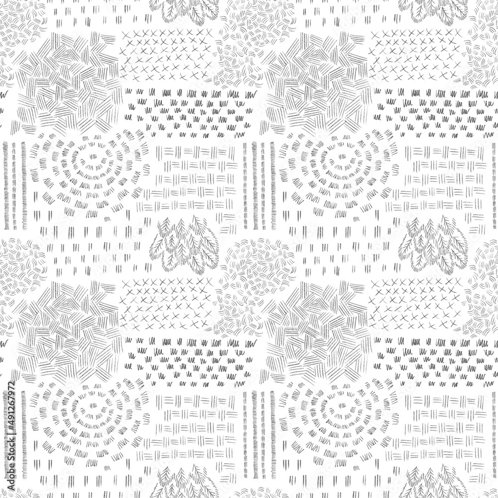 Sketch hatching abstract hand drawn seamless pattern. Linear pencil sketch, doodle collection, crossed, wavy, parallel lines, hatch graphic elements isolated on white background
