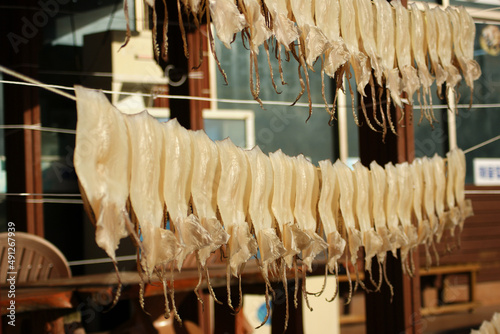 It is a traditional Korean way of hanging squid from a rope and drying it in the sea breeze.