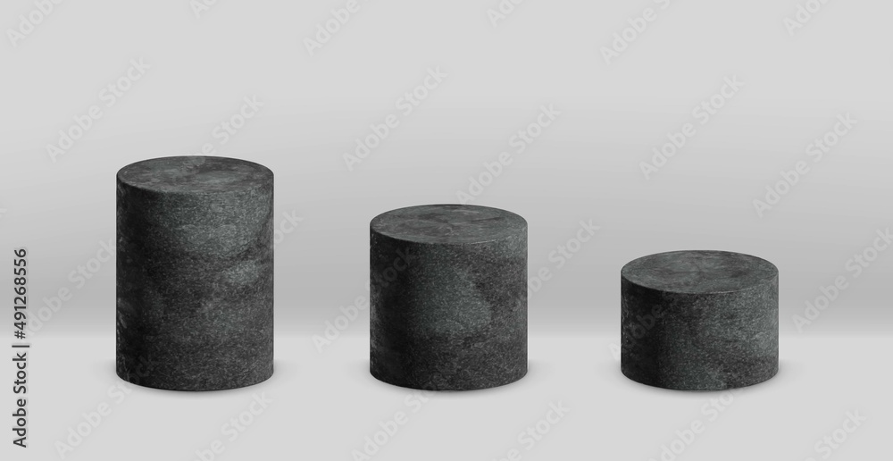 Black 3d cylinder collection with perspective, isolated on grey background. Black 3d cylinder collection with perspective, isolated on grey background.