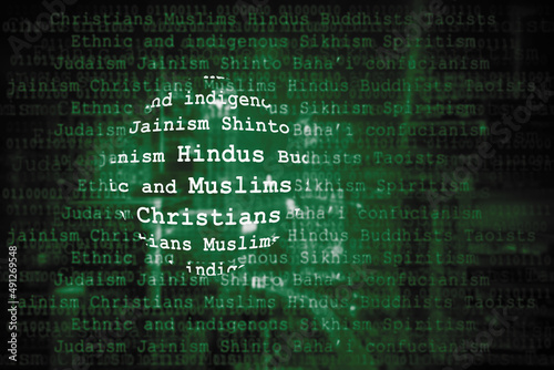 Close up of religions names in the cyberspace