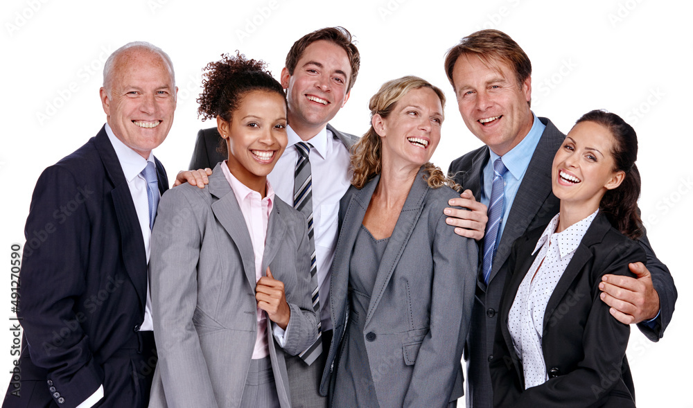 Together we can do it all. Shot of a group of businesspeople standing together against a white background. Together we can do it all. Shot of a group of businesspeople standing together against a white background.