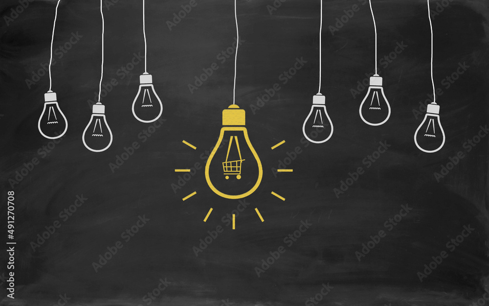 Shopping Cart Symbol Bulb Concept Drawing with Chalk on Blackboard Shopping Cart Symbol Bulb Concept Drawing with Chalk on Blackboard