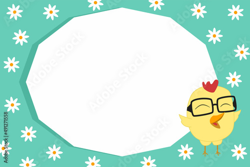 Vector baby background template with copyspace. Frame for text with chicken character. Text frames for kindergarten, scrapbooking album. Cute Photo Album Frame