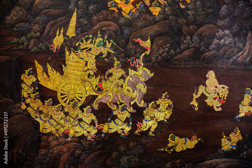 Fragment of a fresco with scene from the Ramakien at Wat Phra Kaew or Emerald Buddha Temple a tourist landmark in Bangkok, Thailand. These images are the public domain and a treasure of Buddhism,