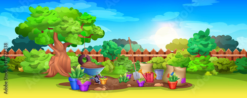 Cartoon backyard with tree  wooden fence and gardening tools. Summer landscape with garden wheelbarrow with soil  watering can  shovel and sacks. Grass lawn with growing plants and potted flowers.