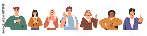 Flat group of young people showing refusal or negative emotions with gesture. Rejection, thumb down or stop hand signs. Displeased men and women faces expressing rejection, disagree, denial or protest photo