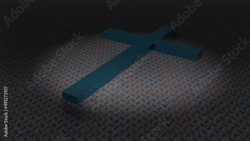 3d illustration - metal Christian cross on metal background surface photo