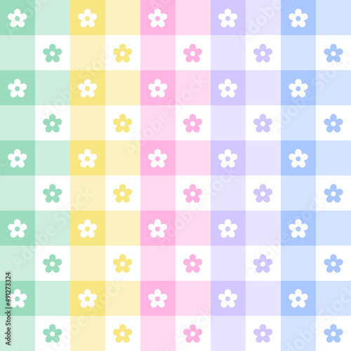 Cute Daisy Flower Element Pastel Rainbow Checkered Gingham Pattern