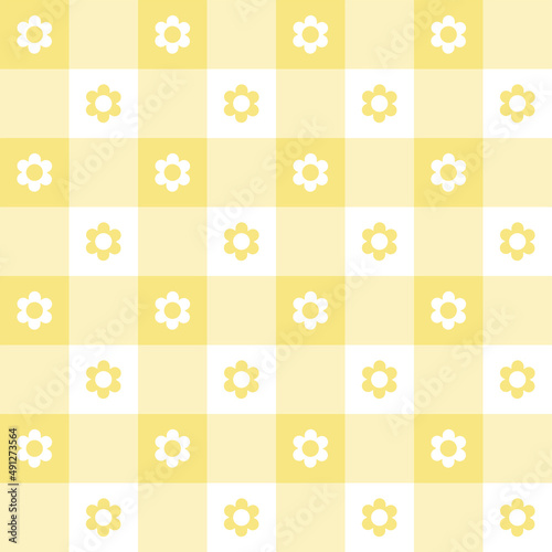 Cute Daisy Flower Sunflower Pastel Yellow Checkered Plaid Gingham Pattern Background Vector Cartoon Illustration Tablecloth, Picnic mat wrap paper, Mat, Fabric, Textile, Scarf.