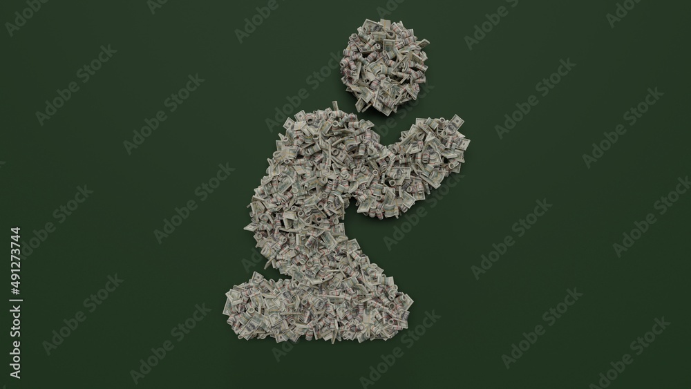 3d rendering of dollar cash rolls and stacks in shape of symbol of pray on green background 3d rendering of dollar cash rolls and stacks in shape of symbol of pray on green background