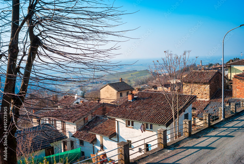 View of a village in the hilly area of Oltrepo Pavese; its located between Lombardy, Piedmont and Emilia regions borders (Northern Italy) and is famous for its wines production.