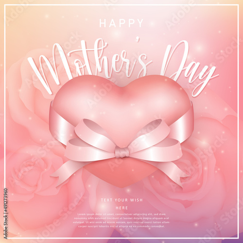 Happy mother s day rose pink ribbon and love heart with bokeh shinning flower background