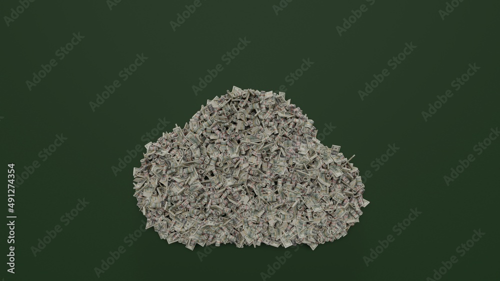 3d rendering of dollar cash rolls and stacks in shape of symbol of sky on green background 3d rendering of dollar cash rolls and stacks in shape of symbol of sky on green background
