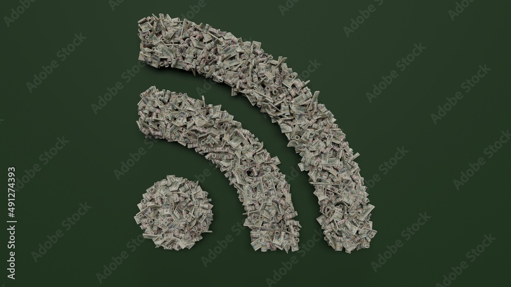 3d rendering of dollar cash rolls and stacks in shape of symbol of rss on green background 3d rendering of dollar cash rolls and stacks in shape of symbol of rss on green background