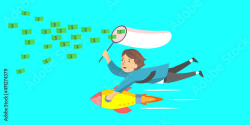 illustration of business man chasing money with rocket