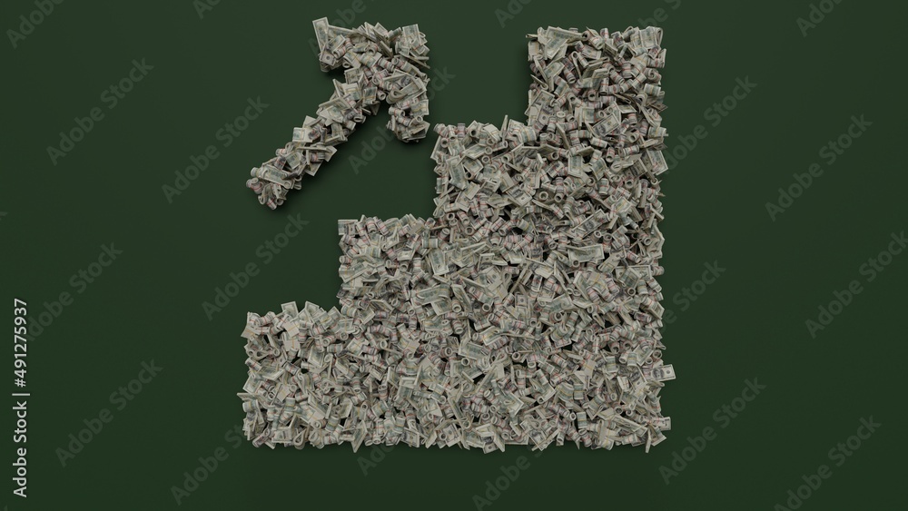 3d rendering of dollar cash rolls and stacks in shape of symbol of promotion on green background 3d rendering of dollar cash rolls and stacks in shape of symbol of promotion on green background