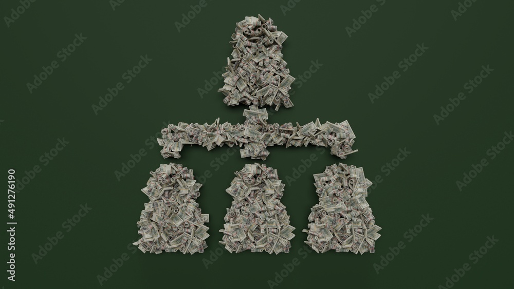 3d rendering of dollar cash rolls and stacks in shape of symbol of hierarchical structure on green background 3d rendering of dollar cash rolls and stacks in shape of symbol of hierarchical structure on green background