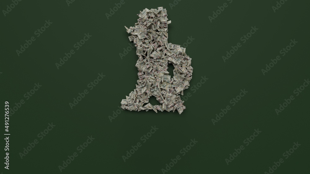 3d rendering of dollar cash rolls and stacks in shape of symbol of vinegar on green background 3d rendering of dollar cash rolls and stacks in shape of symbol of vinegar on green background