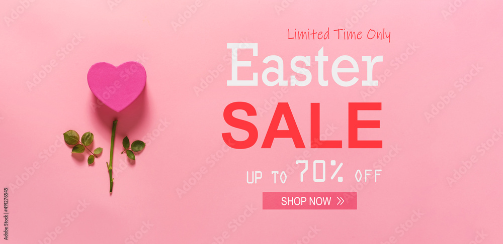 Easter sale message with heart flower top view flat lay
