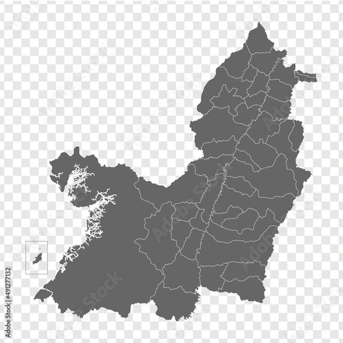 Blank map Valle del Cauca of Colombia. High quality map Valle del Cauca with municipalities on transparent background for your web site design, logo, app, UI. Colombia.  EPS10.