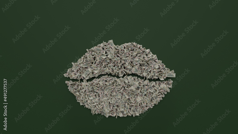 3d rendering of dollar cash rolls and stacks in shape of symbol of lips on green background 3d rendering of dollar cash rolls and stacks in shape of symbol of lips on green background