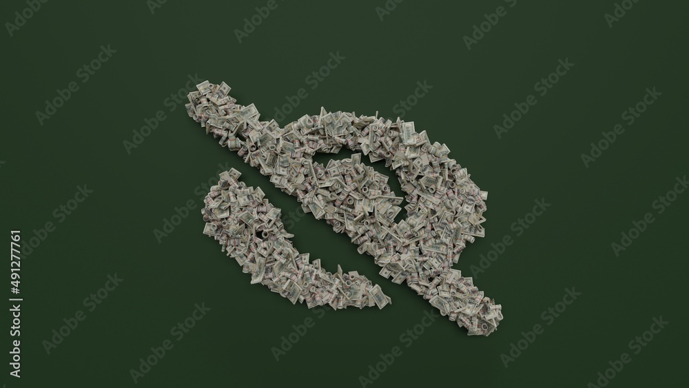 3d rendering of dollar cash rolls and stacks in shape of symbol of eye slash on green background 3d rendering of dollar cash rolls and stacks in shape of symbol of eye slash on green background