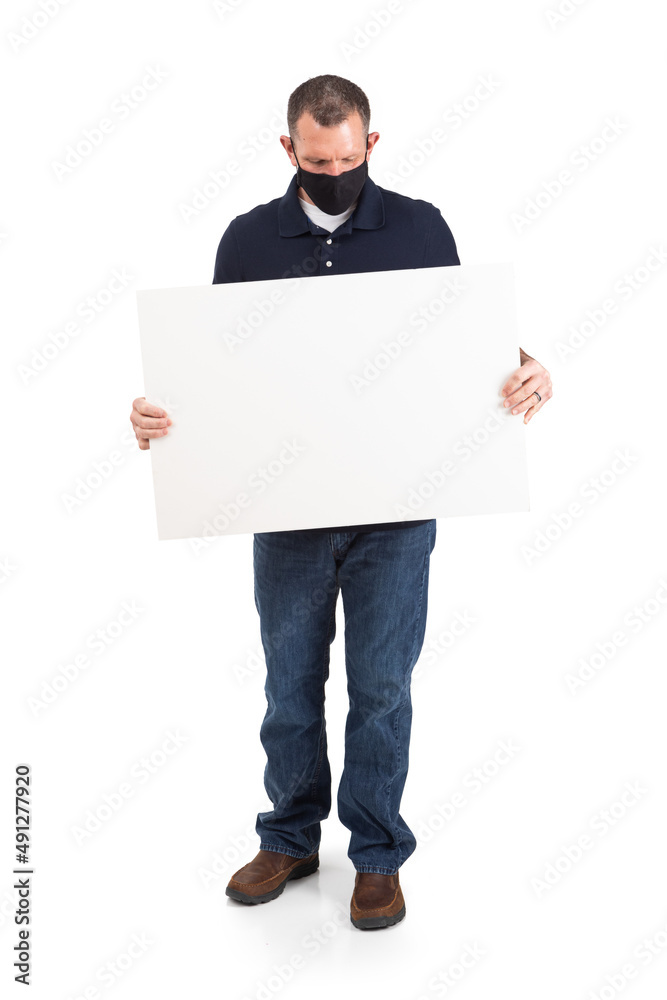 Man Wearing Face Mask Holds Blank White Card Man Wearing Face Mask Holds Blank White Card
