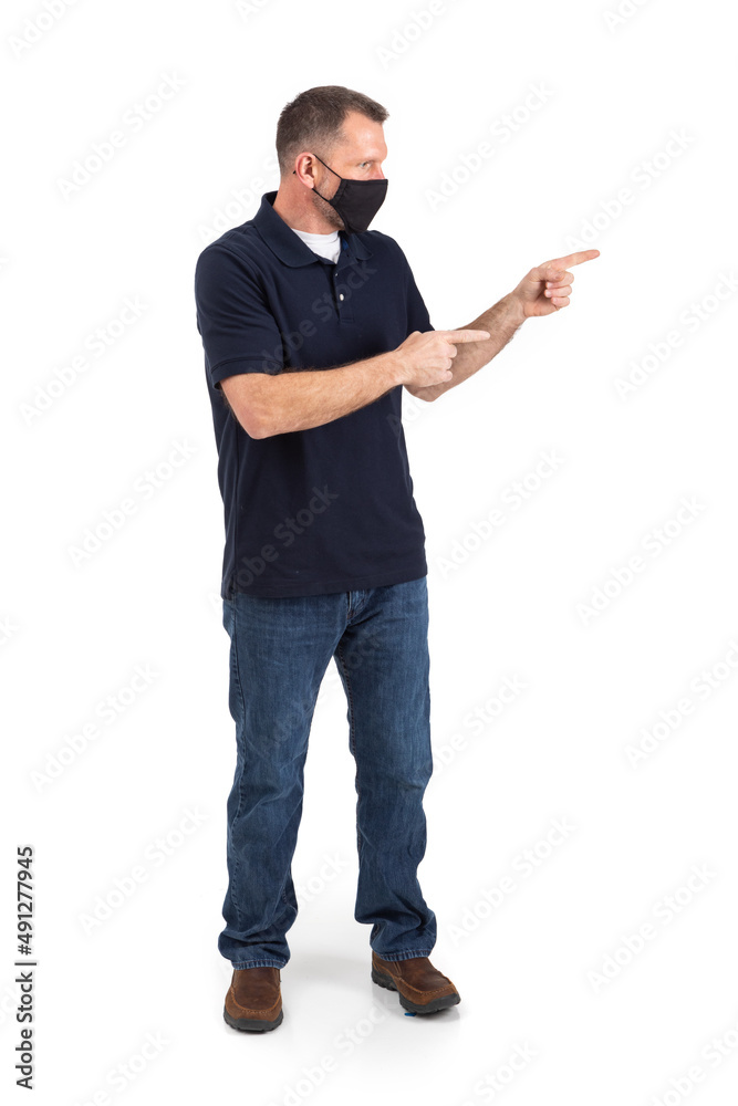 Man Wearing Face Mask Pointing To Side Man Wearing Face Mask Pointing To Side