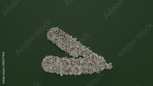 3d rendering of dollar cash rolls and stacks in shape of symbol of classic razor on green background