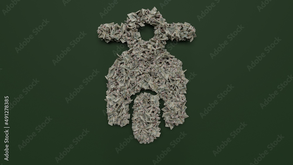 3d rendering of dollar cash rolls and stacks in shape of symbol of scooter front view on green background 3d rendering of dollar cash rolls and stacks in shape of symbol of scooter front view on green background