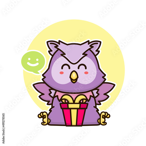 happy owl bird and gift box adorable cartoon doodle vector illustration flat design style