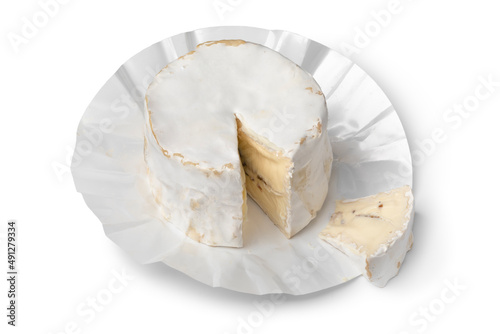 French goat cheese stuffed with truffle and a piece isolated on white background
