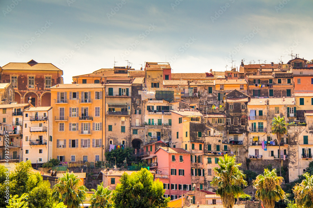 Beautiful view of the old town of Ventimiglia Alta in Italy, Liguria. Ligurian Riviera, Province of Imperia