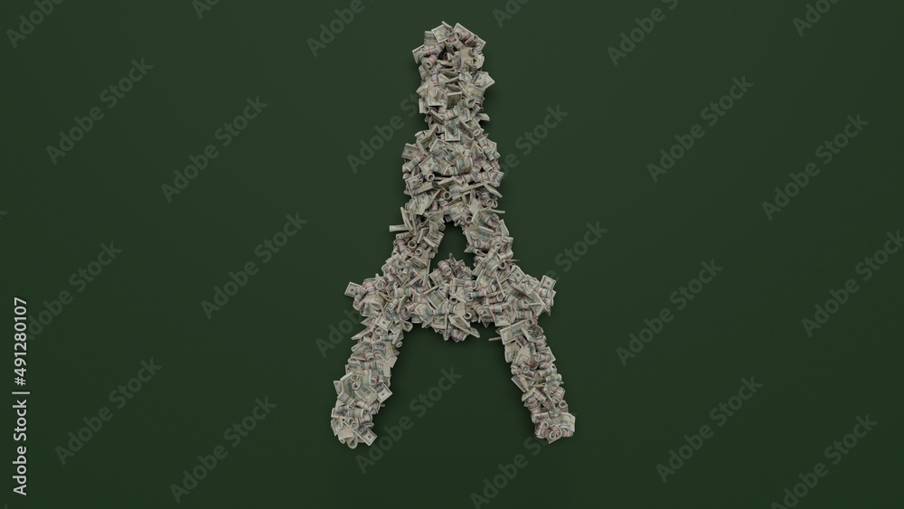 3d rendering of dollar cash rolls and stacks in shape of symbol of compass on green background