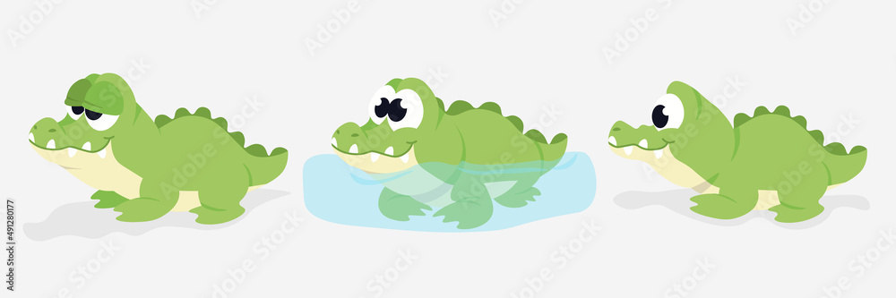 Fototapeta premium Vector illustration cute and beautiful crocodile on white background. Charming character in different poses falling asleep, in water and side view in cartoon style.