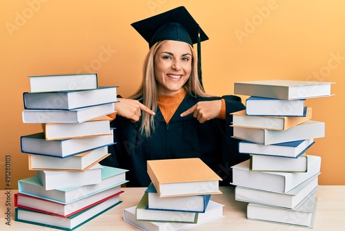 Young caucasian woman wearing graduation ceremony robe sitting on the table looking confident with smile on face, pointing oneself with fingers proud and happy.