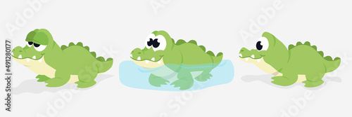 Vector illustration cute and beautiful crocodile on white background. Charming character in different poses falling asleep, in water and side view in cartoon style.