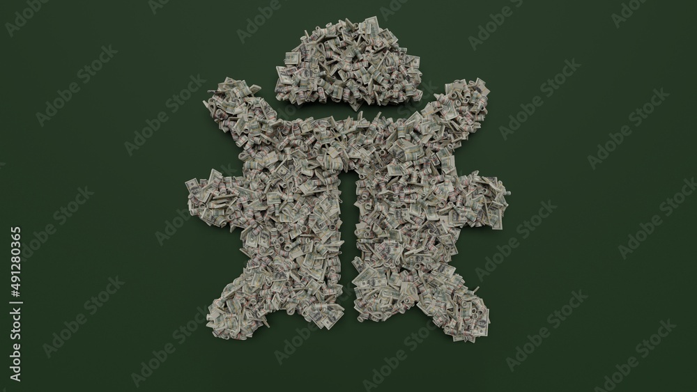 3d rendering of dollar cash rolls and stacks in shape of symbol of bug on green background 3d rendering of dollar cash rolls and stacks in shape of symbol of bug on green background