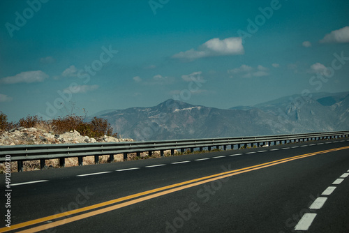 Landscape. Road photography. Mountain and blue sky.