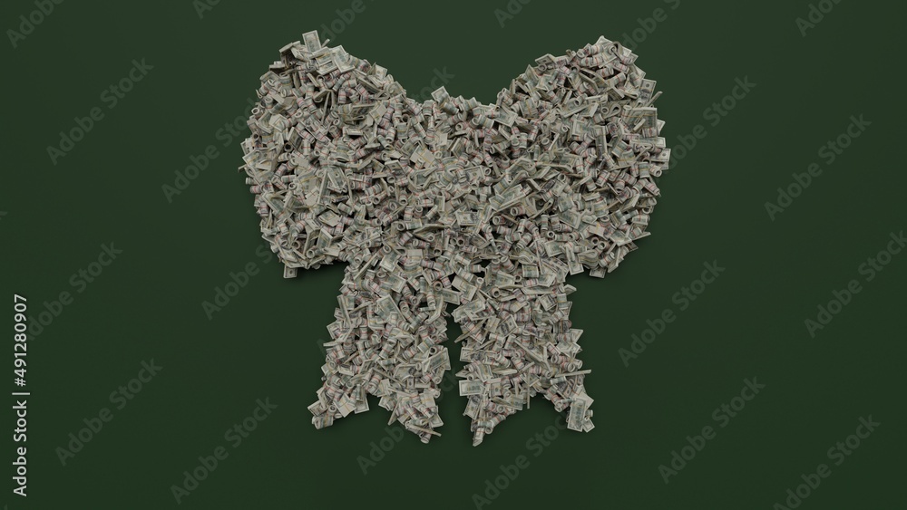 3d rendering of dollar cash rolls and stacks in shape of symbol of bow on green background 3d rendering of dollar cash rolls and stacks in shape of symbol of bow on green background
