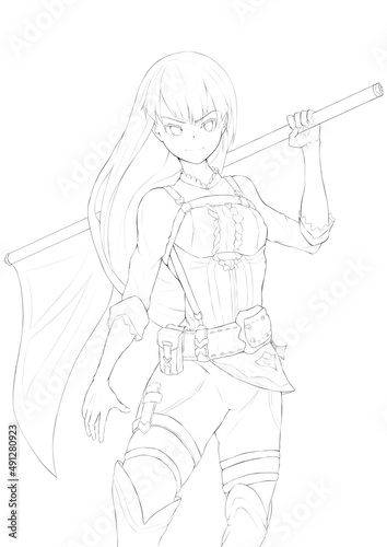 Anime girl with long hair holds a banner in her hands. She is wearing a tight-fitting suit, stockings, boots, a pendant weighs on her hip. She looks straight ahead and smiles. 2d illustration.
