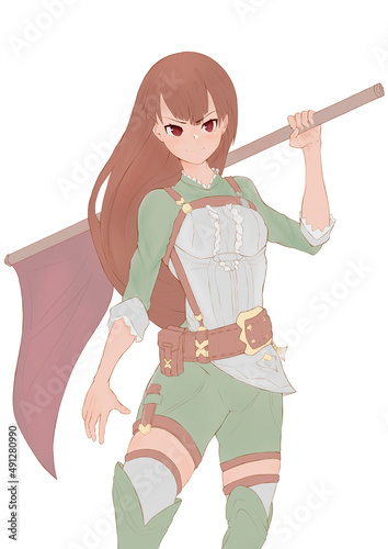 Anime girl with long brown hair and red eyes holds a red banner in her hands. She is wearing a tight green and white suit, stockings, boots, a pendant weighs on her hip. 2d illustration.