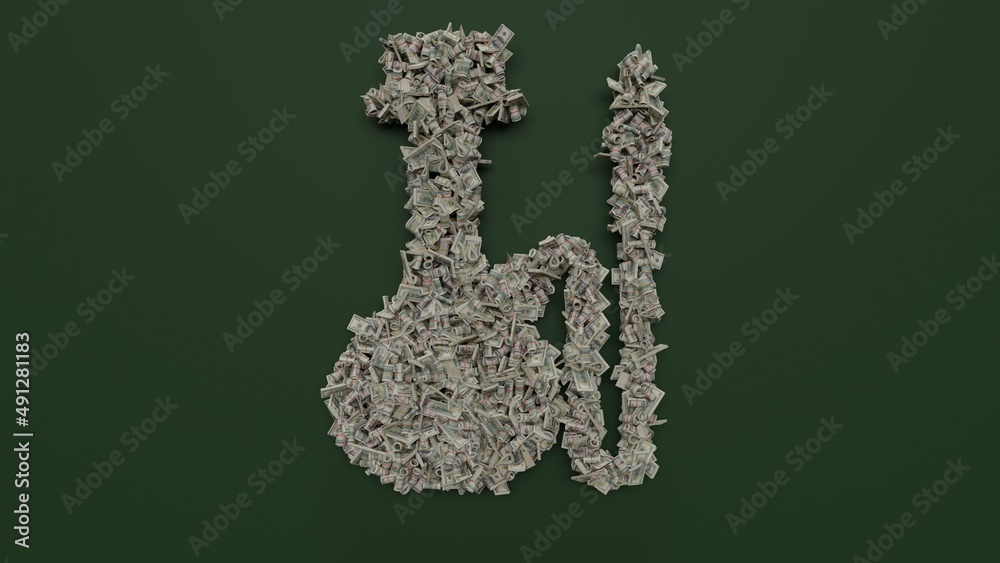 3d rendering of dollar cash rolls and stacks in shape of symbol of hookah on green background 3d rendering of dollar cash rolls and stacks in shape of symbol of hookah on green background