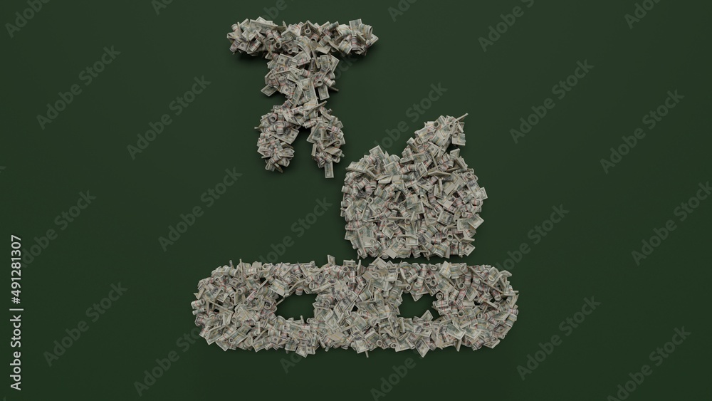 3d rendering of dollar cash rolls and stacks in shape of symbol of mechanical arm on green background 3d rendering of dollar cash rolls and stacks in shape of symbol of mechanical arm on green background