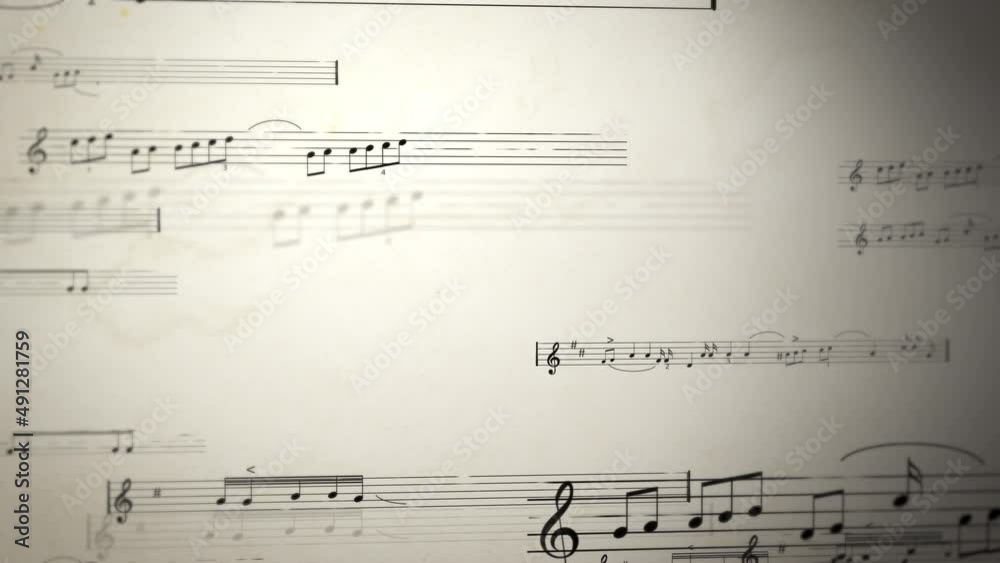 Slow pan across digital sheet of music with many pieces of music on vintage paper background animation motion-graphic