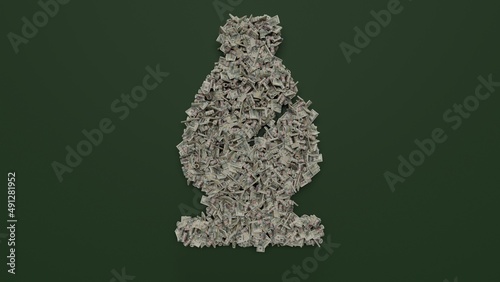 3d rendering of dollar cash rolls and stacks in shape of symbol of chess bishop on green background