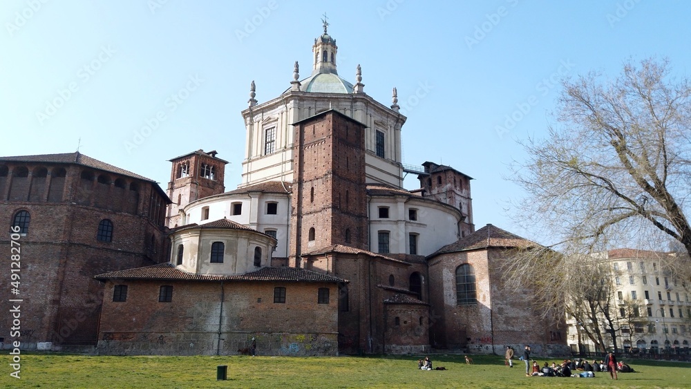 Europe, Italy , Milan March 2022 - Basilica church San Lorenzo in Piazza Vetra downtown of the city 